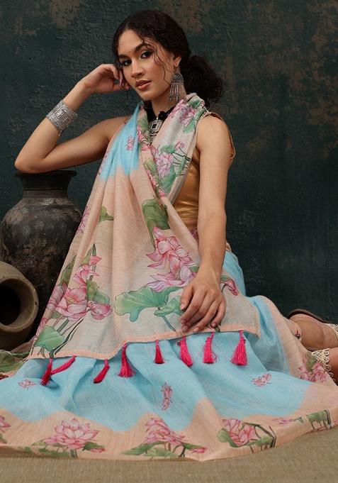 Blue Printed Cotton Blend Saree