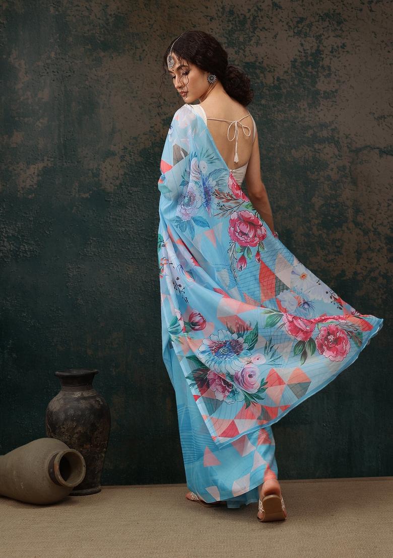 Blue Printed Polyester Saree