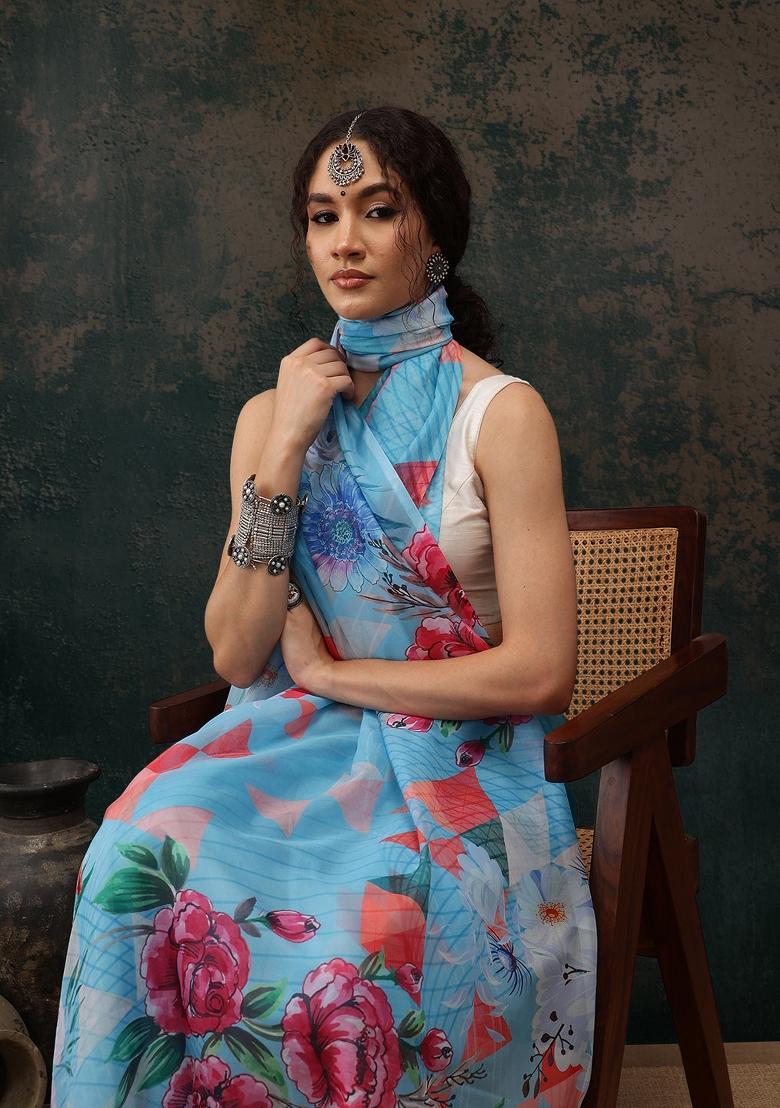 Blue Printed Polyester Saree