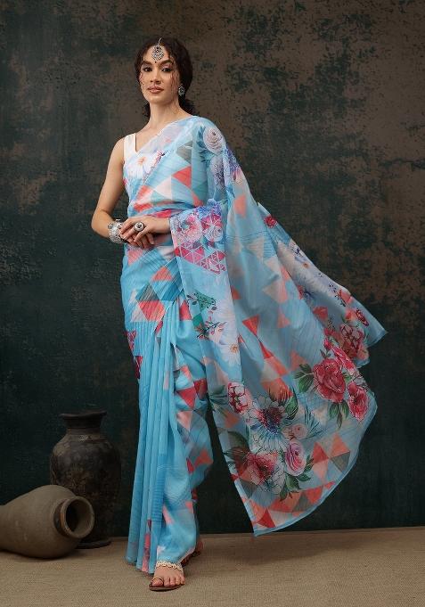Blue Printed Polyester Saree