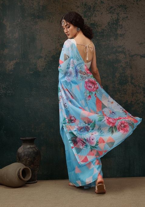 Blue Printed Polyester Saree