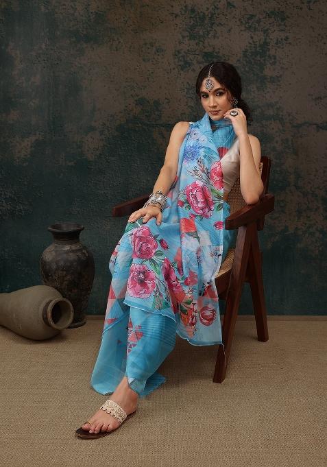 Blue Printed Polyester Saree