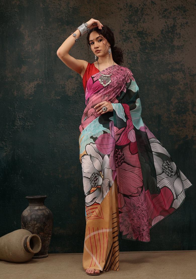 Yellow Printed Polyester Saree