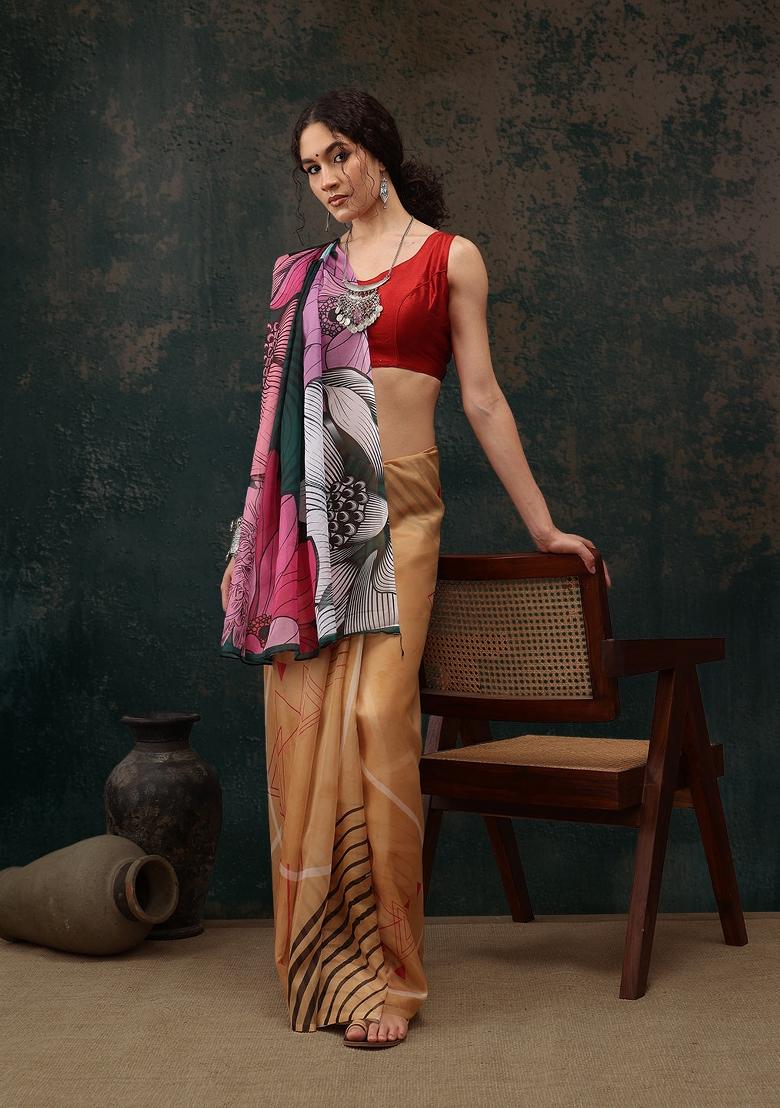 Yellow Printed Polyester Saree