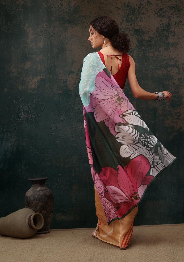 Yellow Printed Polyester Saree