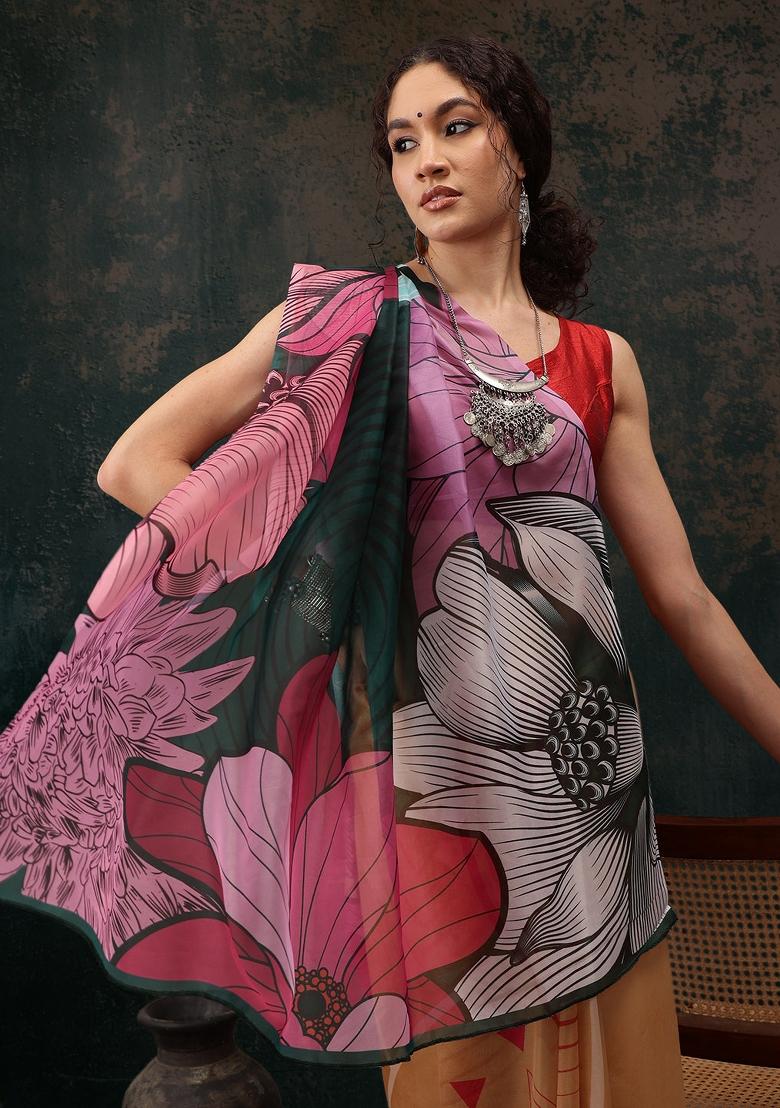 Yellow Printed Polyester Saree