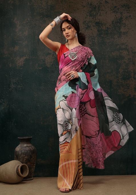 Yellow Printed Polyester Saree