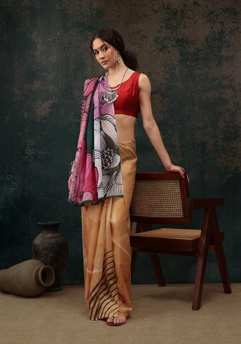 Yellow Printed Polyester Saree