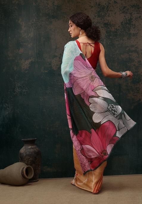 Yellow Printed Polyester Saree