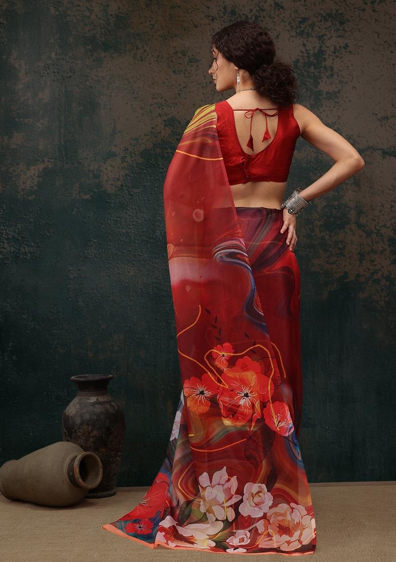 Brown Printed Polyester Saree