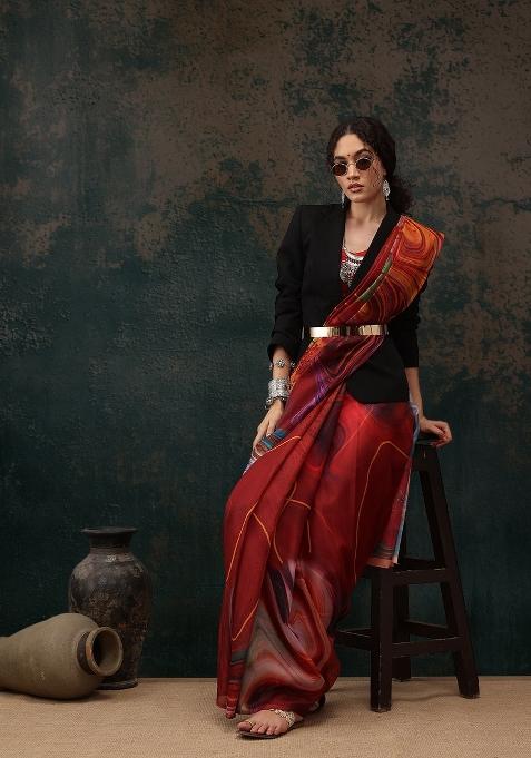 Brown Printed Polyester Saree