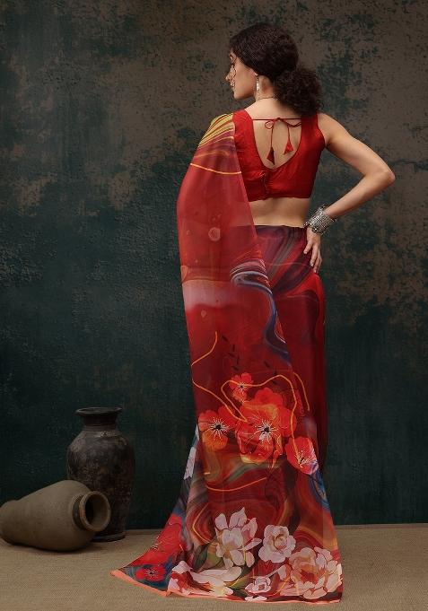 Brown Printed Polyester Saree