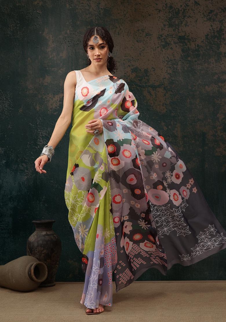 Green Printed Polyester Saree