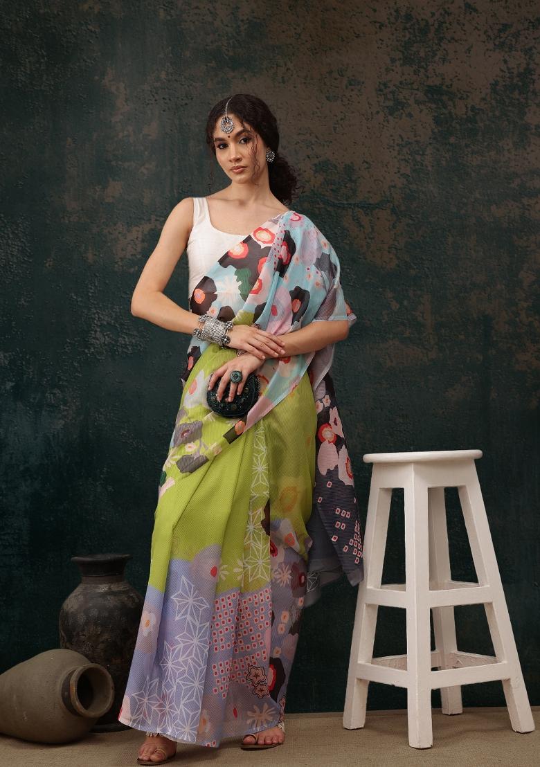 Green Printed Polyester Saree