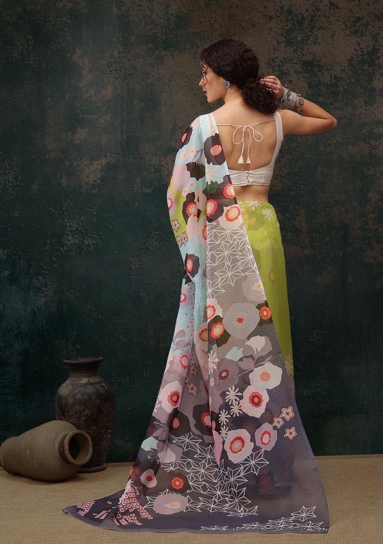 Green Printed Polyester Saree