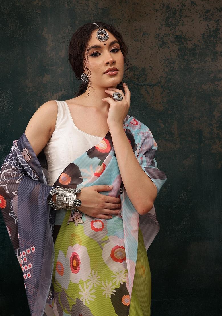 Green Printed Polyester Saree