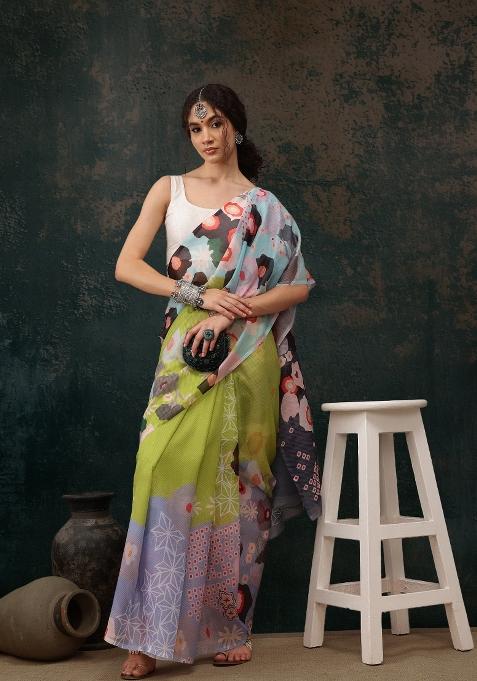 Green Printed Polyester Saree