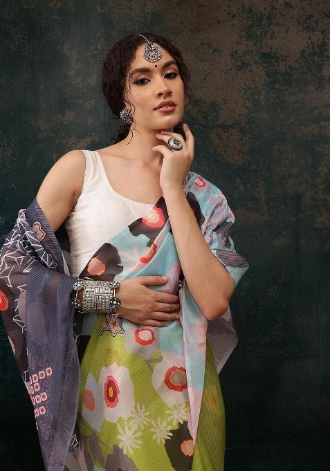 Green Printed Polyester Saree