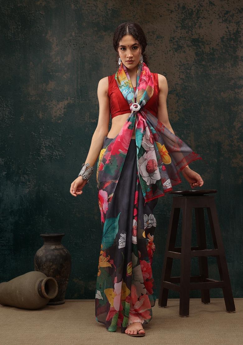 Grey Printed Polyester Saree