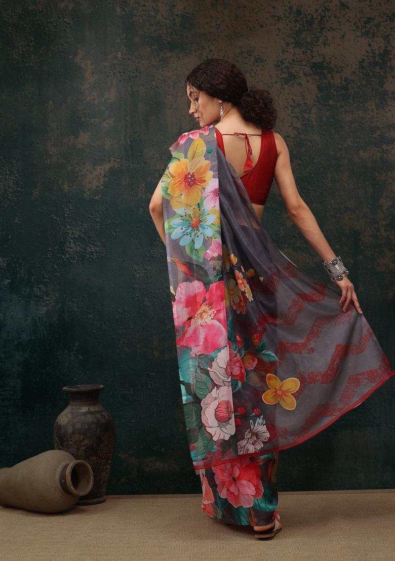 Grey Printed Polyester Saree