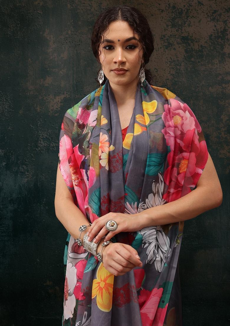 Grey Printed Polyester Saree