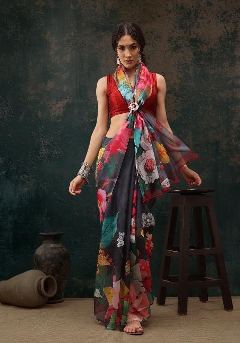 Grey Printed Polyester Saree