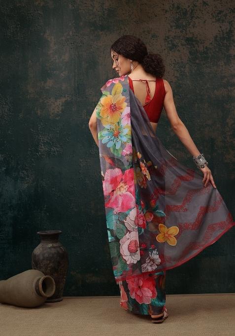 Grey Printed Polyester Saree