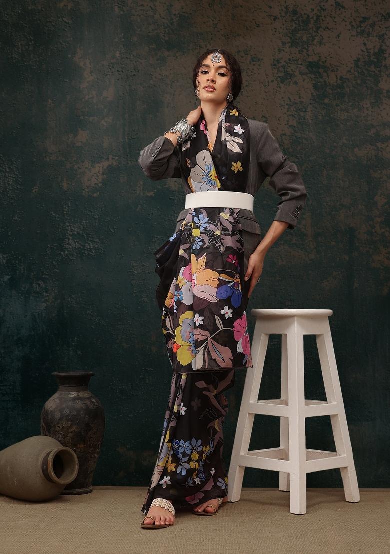 Black Printed Polyester Saree