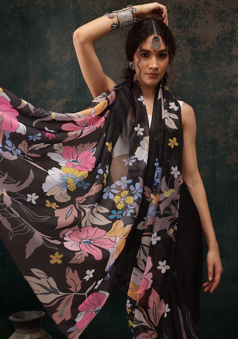Black Printed Polyester Saree