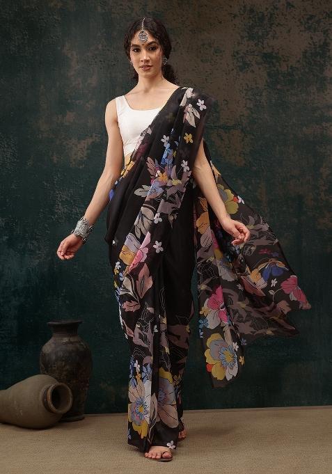 Black Printed Polyester Saree