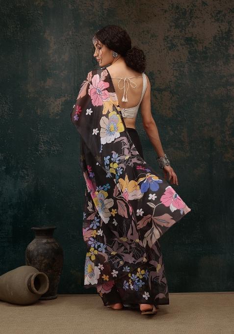 Black Printed Polyester Saree