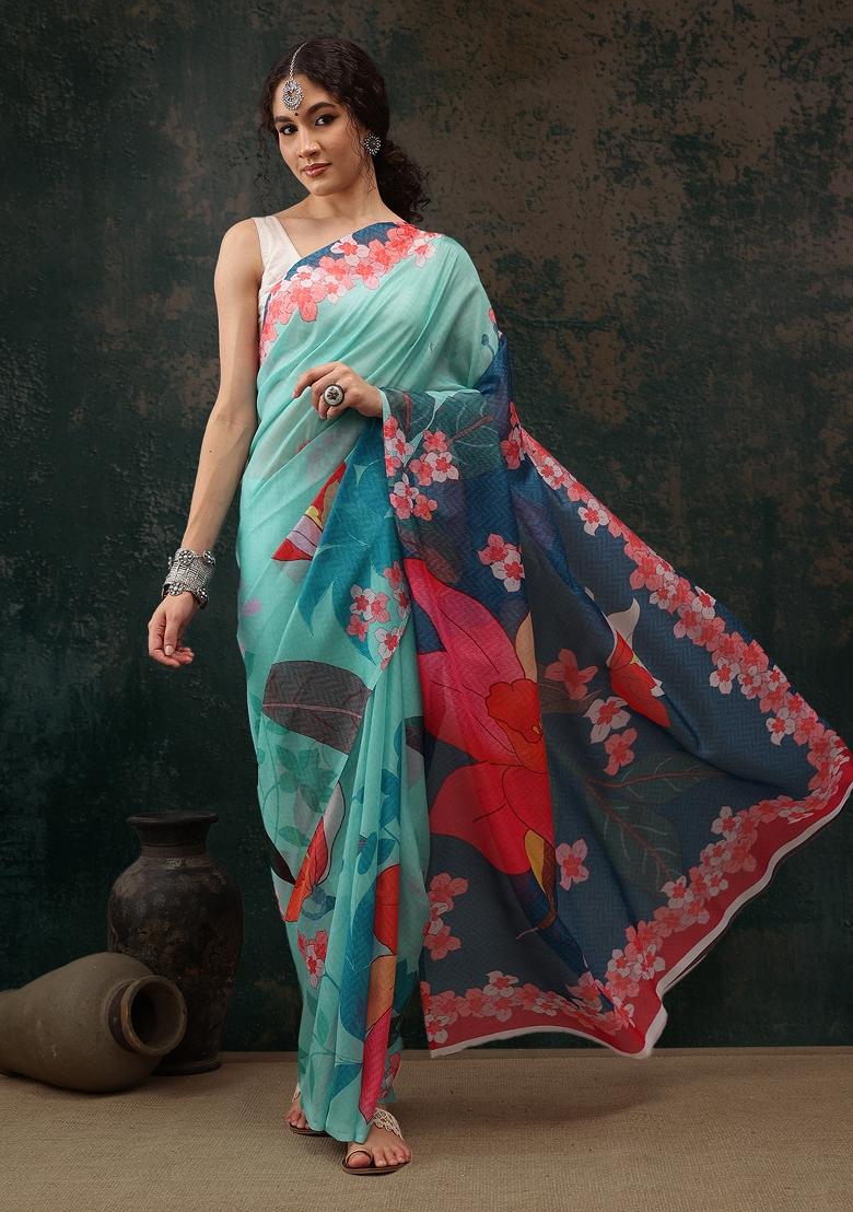 Turquoise Printed Polyester Saree