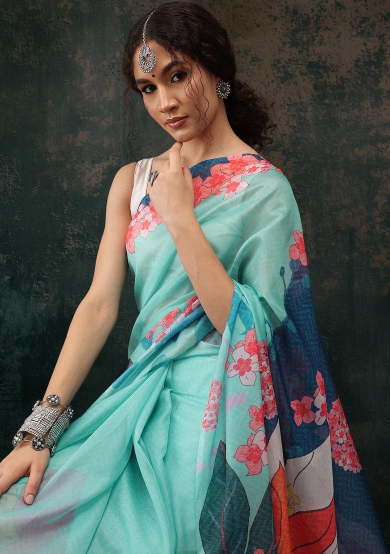 Turquoise Printed Polyester Saree