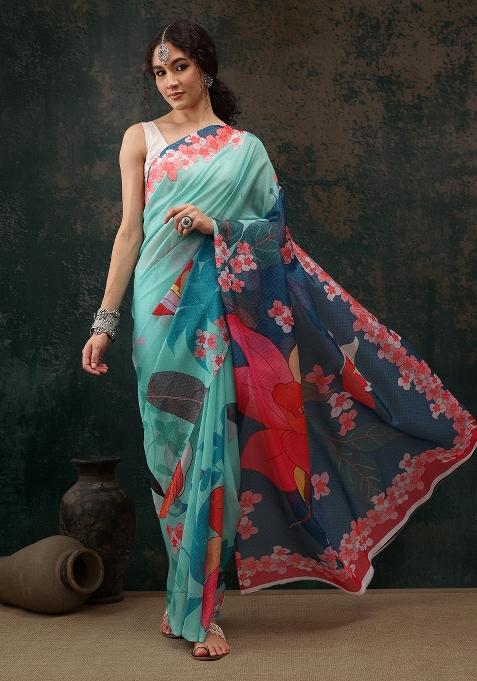 Turquoise Printed Polyester Saree