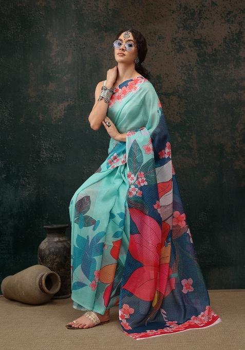 Turquoise Printed Polyester Saree