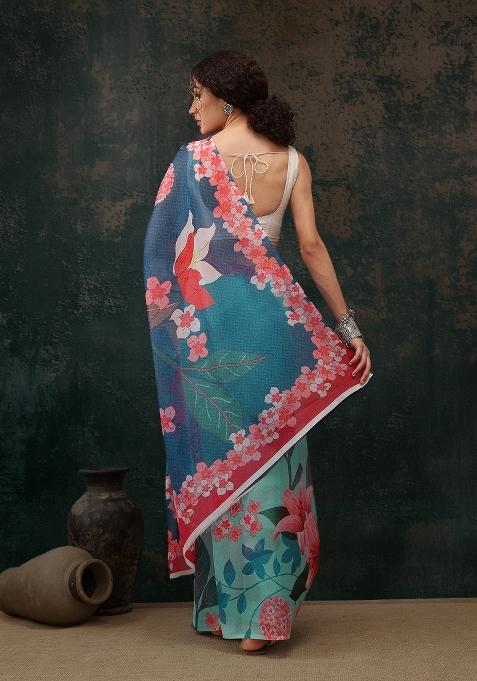 Turquoise Printed Polyester Saree