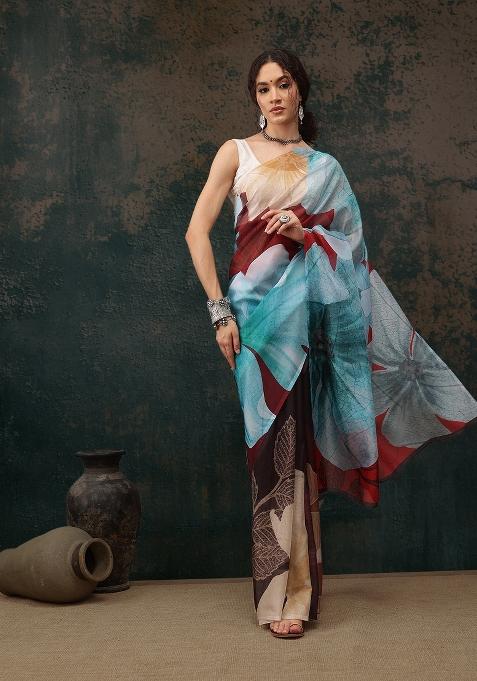 Brown Printed Polyester Saree