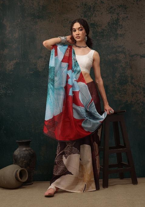 Brown Printed Polyester Saree