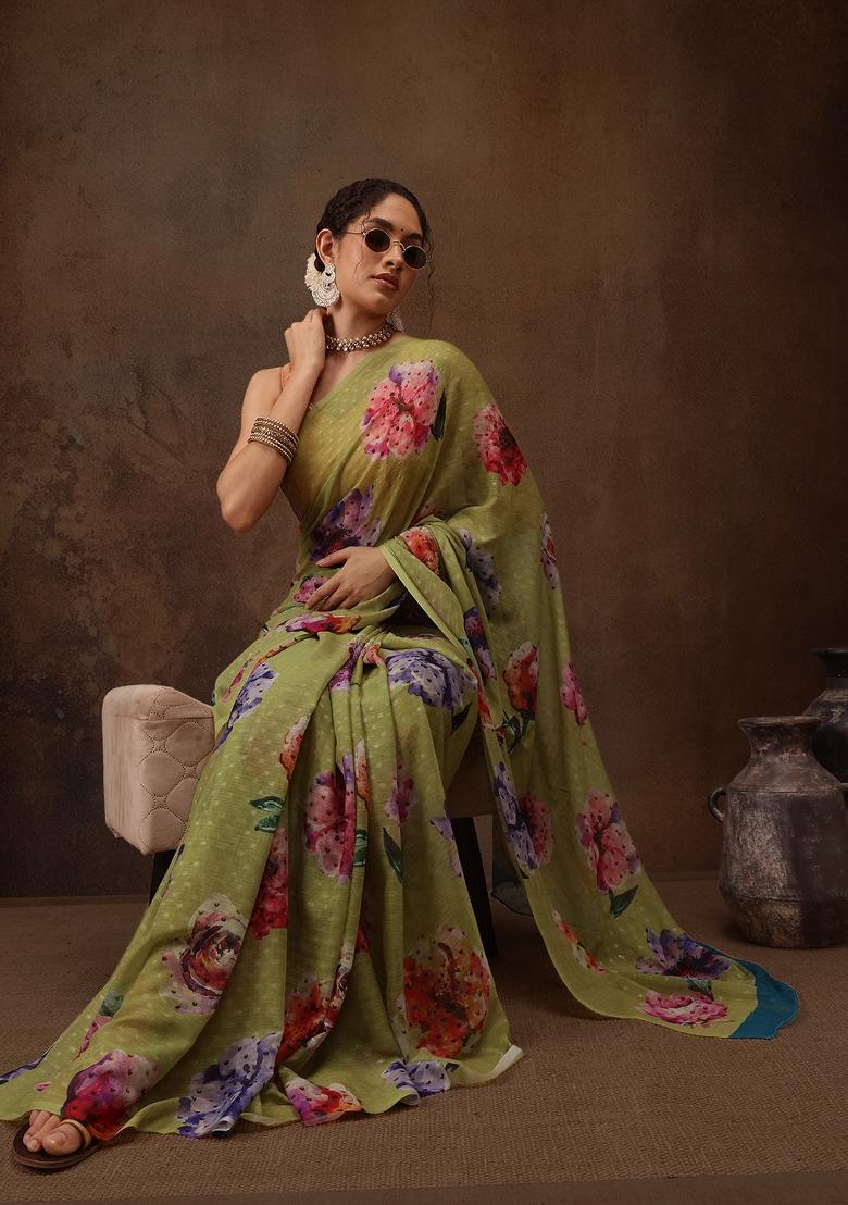 Olive Printed Chiffon Saree