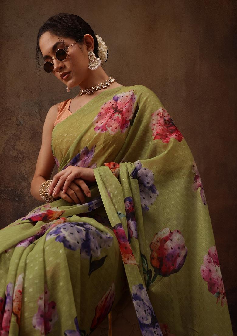 Olive Printed Chiffon Saree