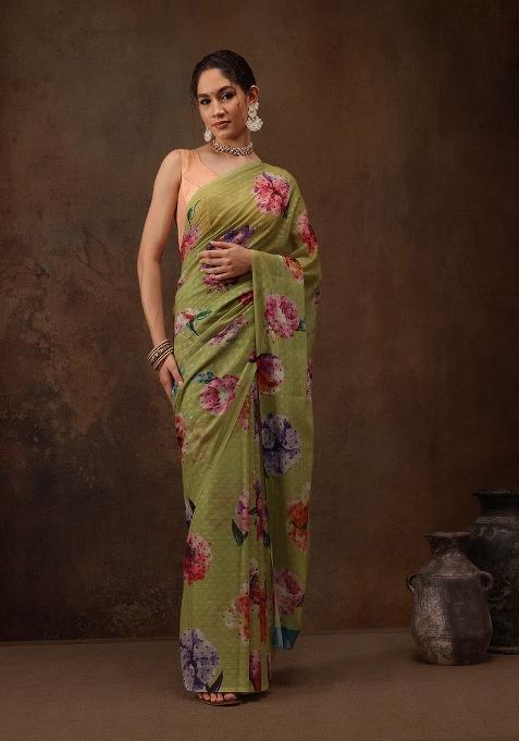 Olive Printed Chiffon Saree