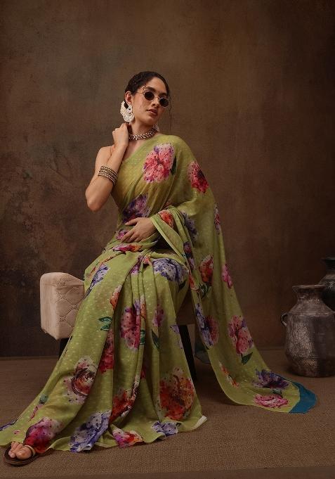 Olive Printed Chiffon Saree