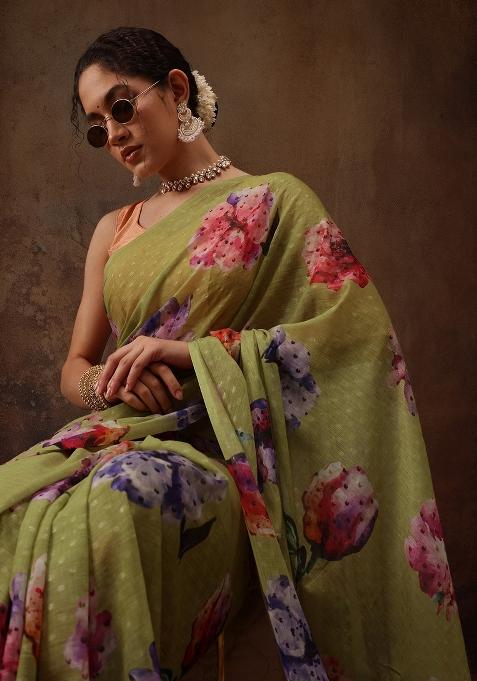 Olive Printed Chiffon Saree