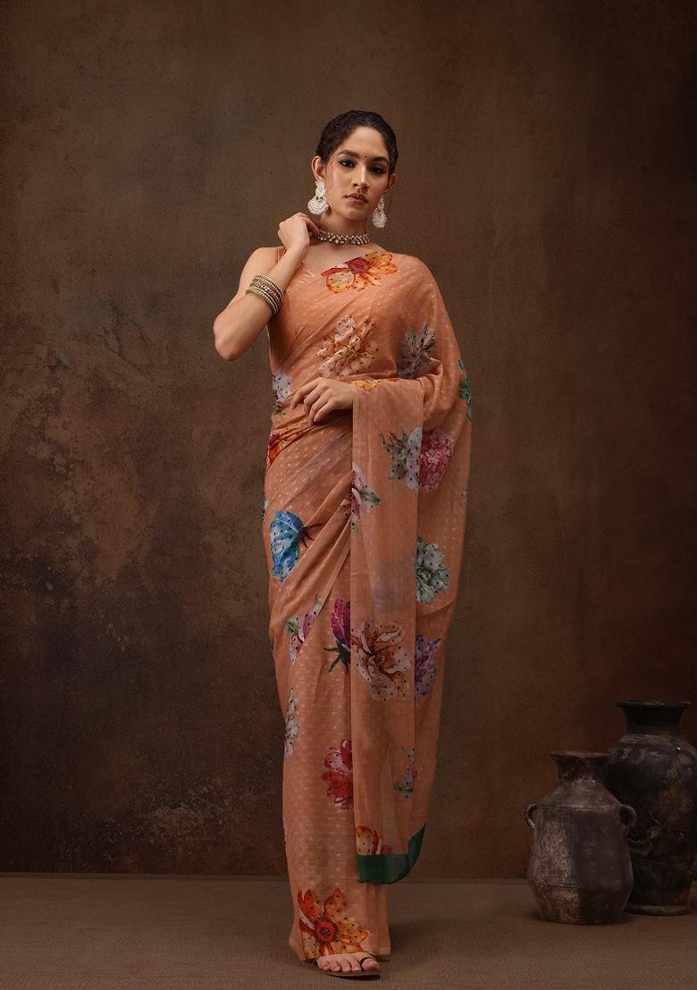 Peach Printed Chiffon Saree