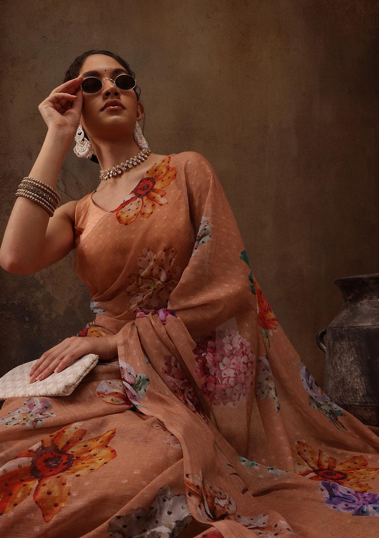 Peach Printed Chiffon Saree