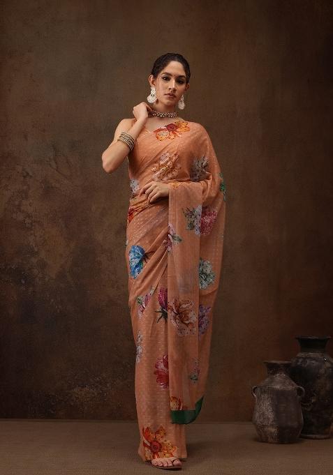 Peach Printed Chiffon Saree