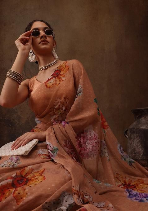 Peach Printed Chiffon Saree