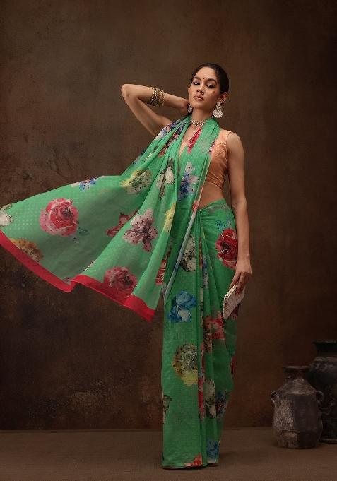 Green Printed Chiffon Saree