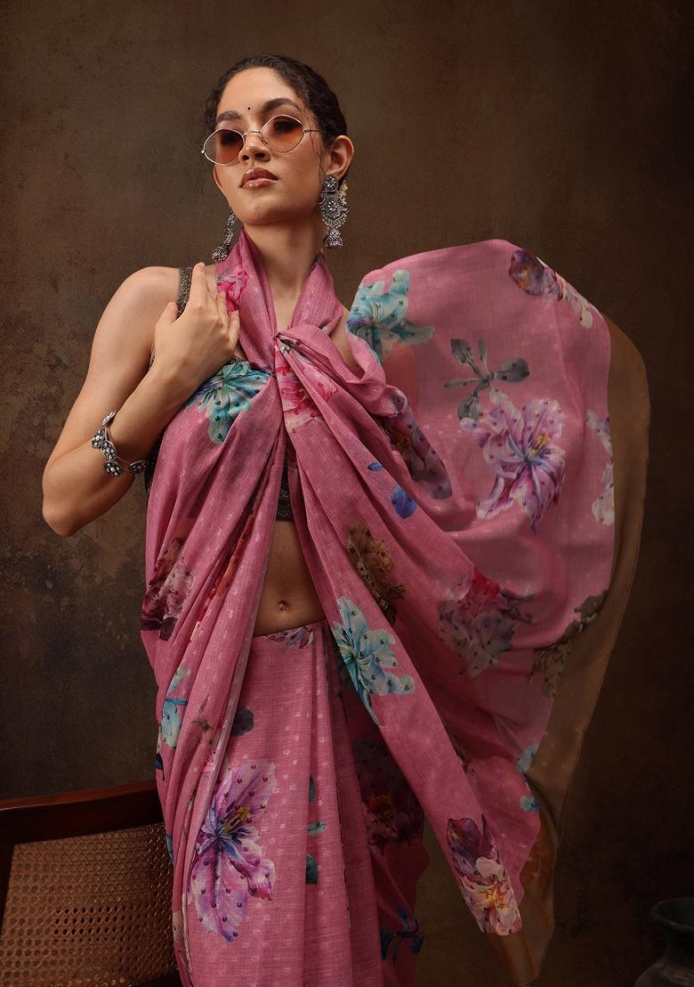 Pink Printed Chiffon Saree