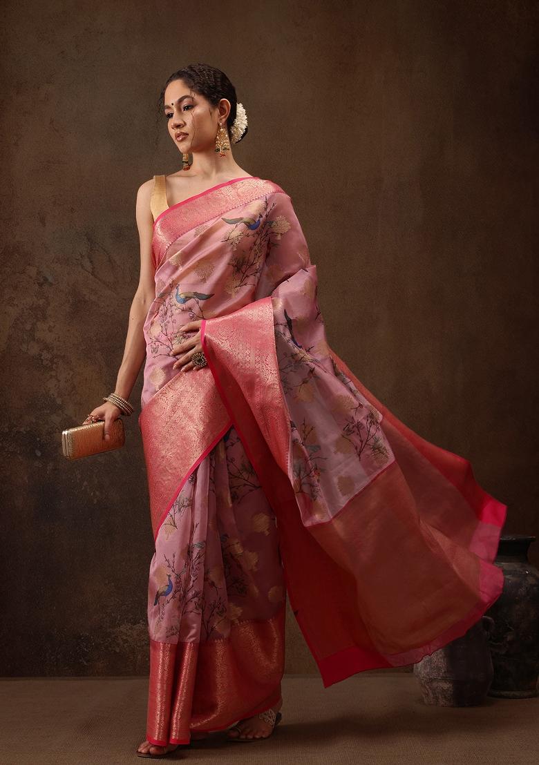 Light Pink Printed Chanderi Art Silk Saree